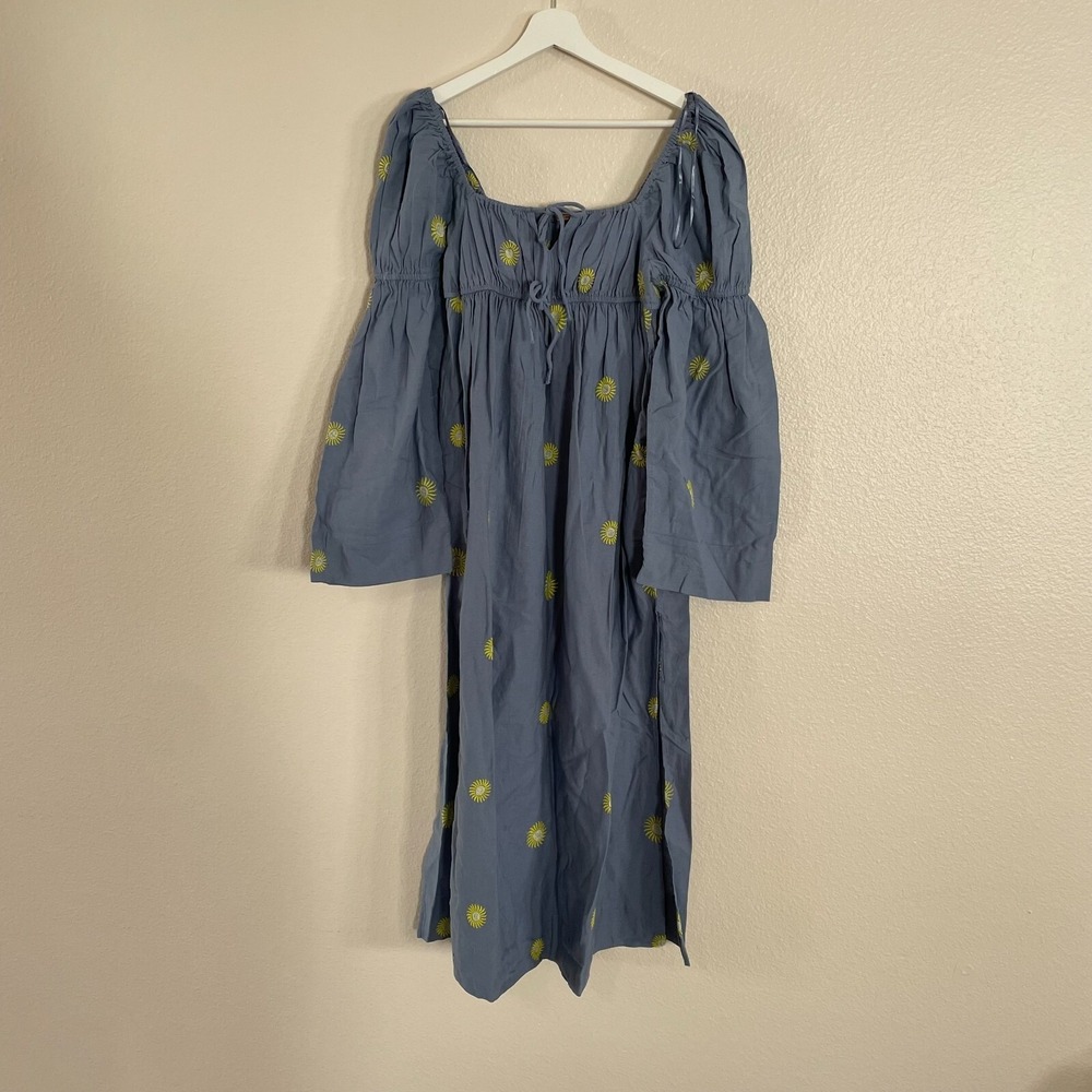 NWOT Free People Sun Embroidery Midi Dress Cottagecore L Blue Summer Linen Boho - Picture 3 of 16